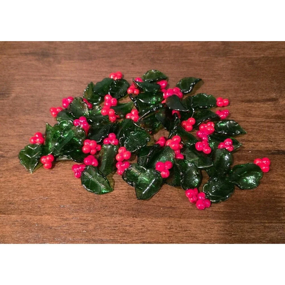 Art Glass Hand Blown Christmas Holly Berry Leaves Lot Of 46 2” each Christmas